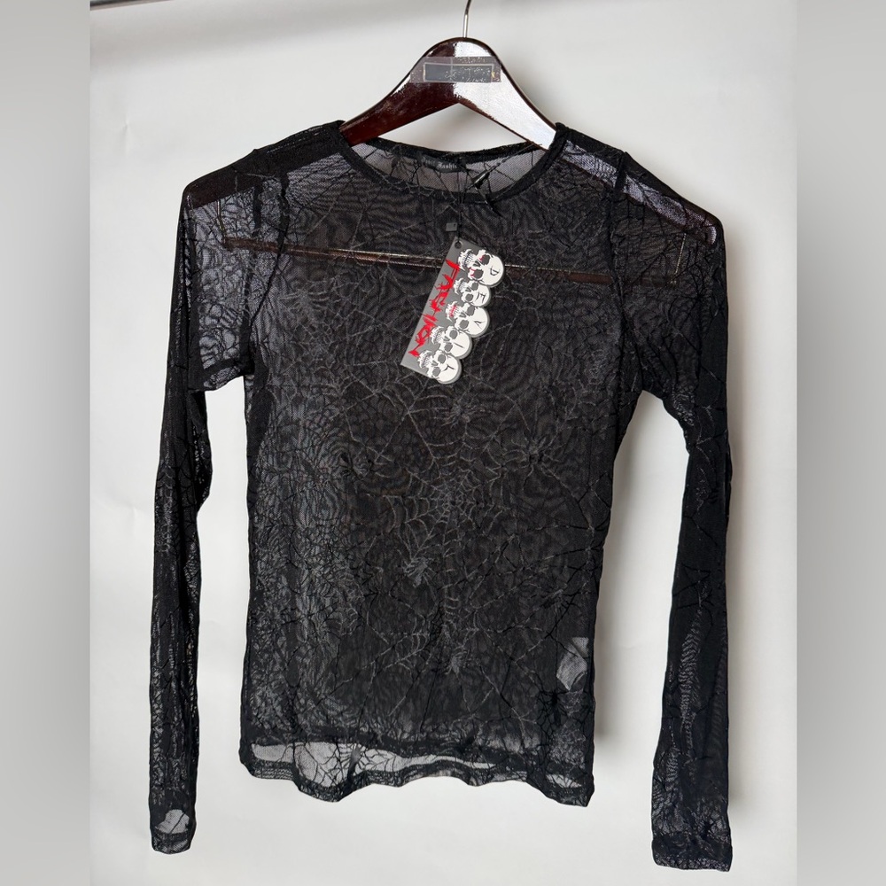 Black Sheer Long Sleeve Top with Spiderweb design, new with tags